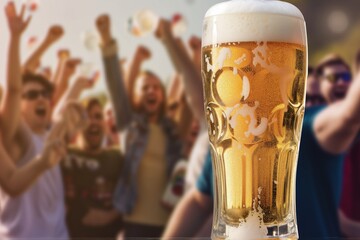 Canvas Print - frothy beer glass, fans cheering behind