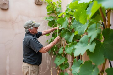 Sticker - man measuring growth of grapevines against courtyard wall