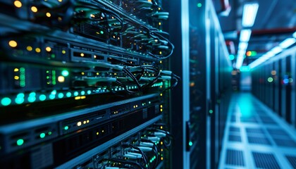 Rackmount LED console in the server room of the data center.