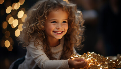 Canvas Print - Smiling girl enjoying Christmas lights and decorations generated by AI