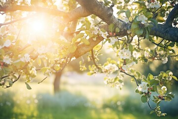 Poster - sunlight shining through a blooming apple tree