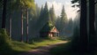 Hut with trees and bushes around in a dense forest. A beautiful road leads to the hut