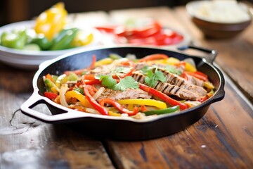 Poster - fajitas sizzling in cast iron pan, peppers, onions