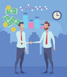 © Mangostar - Business partners shaking hands as symbol of agreement vector illustration. Money, diagrams and clock on background. Partnership, finance, contracts, business, profit concept
