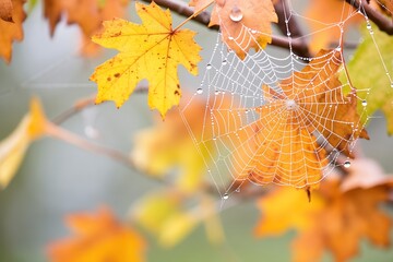 Sticker - close-up of dew-covered spider web amidst autumn leaves