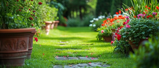 A serene garden path lined with blooming flowers, containers with flower seedlings and terracotta pots on green grass in the golden hour light