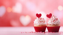 Valentines Day Cupcakes Decorated Whipped Cream And Red Hearts On Pink Background. Greeting Card. Copy Space