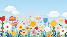 Colorful Flowers And Cloudy Sky, Illustration