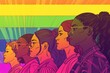 illustration of female people standing in front of a rainbow strip