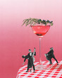 © master1305 - Two passionate couple, men and women inn elegant dresses dancing together against giant sweet and sour cocktail. Contemporary art. Concept of party, alcohol drinks, celebration, retro. Grainy effect