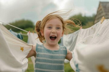 A little girl has fun after freshly laundered bedsheets are hung on a washing line outside. She flings the bedsheets open as if she is performing in a play, whilst making a comical face. 