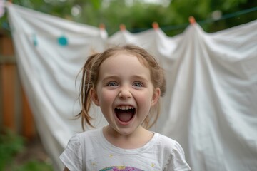 a little girl has fun after freshly laundered bedsheets are hung on a washing line outside. she flin