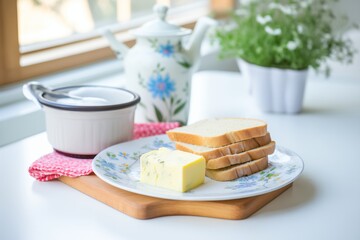 Canvas Print - dairy free butter on a butter dish, with bread