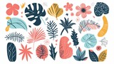 Fototapeta Do akwarium - Set of hand drawn shapes and doodle design elements. Exotic jungle leaves, flowers and plants. Abstract contemporary modern trendy vector illustration. Perfect for posters