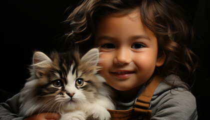 Sticker - Cute child smiling, looking at camera with kitten generated by AI