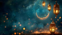 Ramadan Islamic Greeting Card Of Crescent Moon Decoration And Lanterns With Copy Space Area Banner