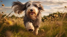 Dog, Bearded Collie Running Running On A Grass 