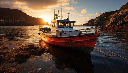 Poster - Sunset over tranquil fishing boat on nautical coastline generated by AI