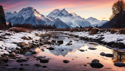 Wall Mural - Majestic mountain peak reflects tranquil sunset on water generated by AI