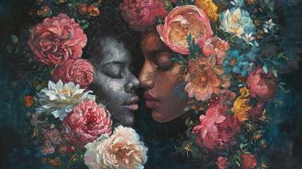 Wall Mural - Portrait of two women with flowers on their faces