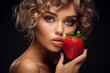 Beautiful Model Holding a Strawberry Next to Her Mouth A seductive fruit