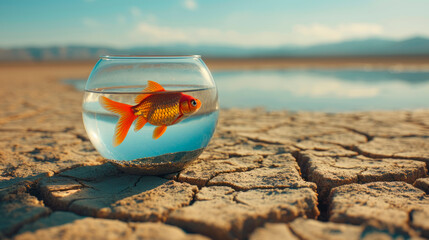 Goldfish in a  fishbowl on a desert with cracked soil.