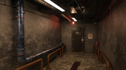 Wall Mural - grungy underground corridor and doorway in an industrial building with pipework. 3d illustration.