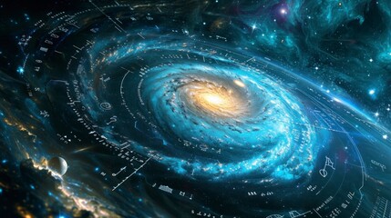 Wall Mural - amazing spiral galaxy with physical and mathematical signs and equations