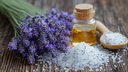 Bottle of essential oil and lavender flowers on light stone table. Lavender spa. Essential oils, sea salt,  towels and handmade soap. Natural herb cosmetic with lavender flowers. Aromatherapy oil 