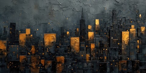 Wall Mural - Generative AI, Black and golden painted cityscape, impasto textured style, dark gothic landscape