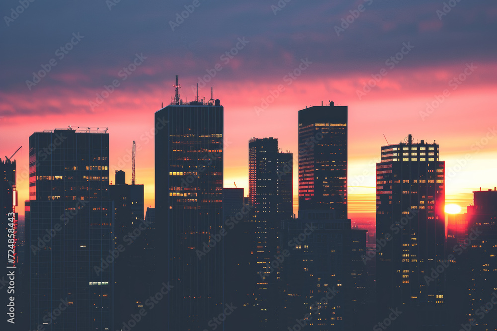 Dawn unfold over a city skyline silhouette, with towering skyscrapers ...