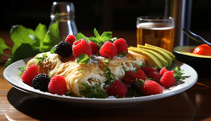 Poster - Freshness of gourmet fruit on a wooden plate generated by AI