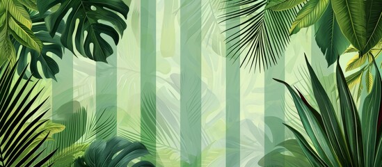 Poster - Abstract green stripes and floral patterned background with palm leaf motif.