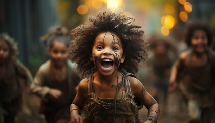 Wall Mural - Smiling girls enjoying outdoors, cheerful and carefree generated by AI