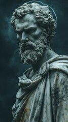  A captivating image of a Greek philosopher statue radiating with a corona of lightning, symbolizing enlightenment and wisdom