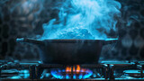 Fototapeta  - A simmering cast iron pot on a gas stove with blue flames and steam