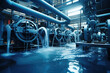 An industrial pump room is flooded with water under blue lighting, of maintenance and safety