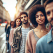 Group of people standing in a line queue on the street bokeh background low angle shot. ai generative