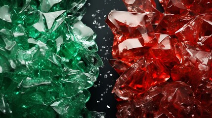 abstract backgound of red and green crystals colliding together to form and detailed Christmas color background. 