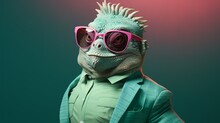 An Iguana Dressed In A Suit, Perplexing Human Like Expression. Just Matter Of Fact, Wearing Sunglasses Dressed In Green With Pink Rimmed Sunglass. AI Generated. 