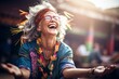 A laughter yoga instructor exudes joy and positivity amidst a serene outdoor setting, captured in cinematic style with a blurred background,