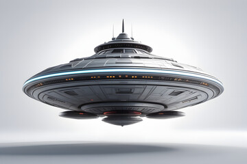 Futuristic spaceship isolated on white background. 3D rendering of a UFO hovering in the air.