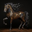A majestic black and gold horse sculpture with a long mane and standing on its hind legs, beautifully crafted as a toy