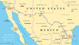 Fototapeta Most - Mexico-United States border political map. International border between the countries Mexico and the USA, with states, capitals, and most important cities. Most frequently crossed border in the world.