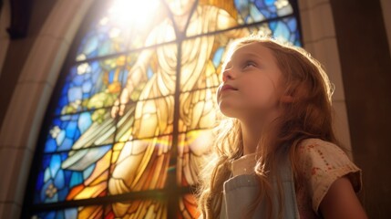 baby's first communion in church. a child prays near a stained glass window. faith hope. girl folded his hands in prayer