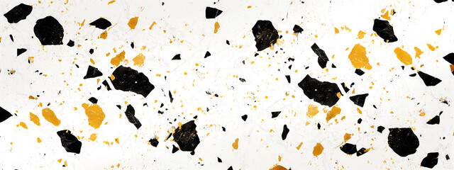 Canvas Print - Gold and black splashes and particles on a white background. Texture for design.