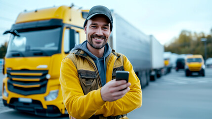 Wall Mural - Happy truck driver talking on his cell phone and looking at the camera.