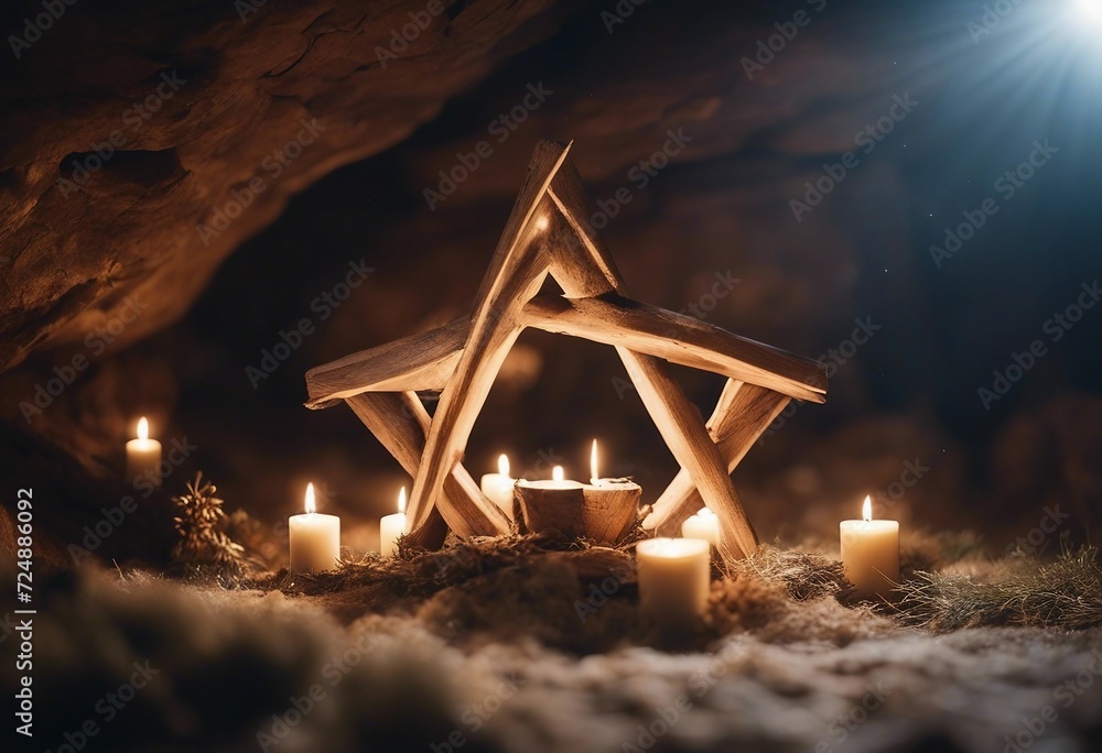 Christian Christmas scene with empty wooden manger star of Bethlehem in ...