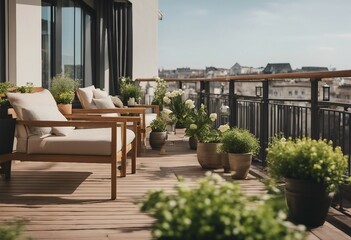 Canvas Print - Beautiful of modern terrace with wood deck flooring and fence green potted flowers plants and outdoo