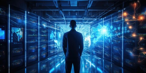 Internet Business, Digital technology, Network and cybersecurity of data center with engineer working in a server room computer, Data analytics, troubleshooting with a programmer